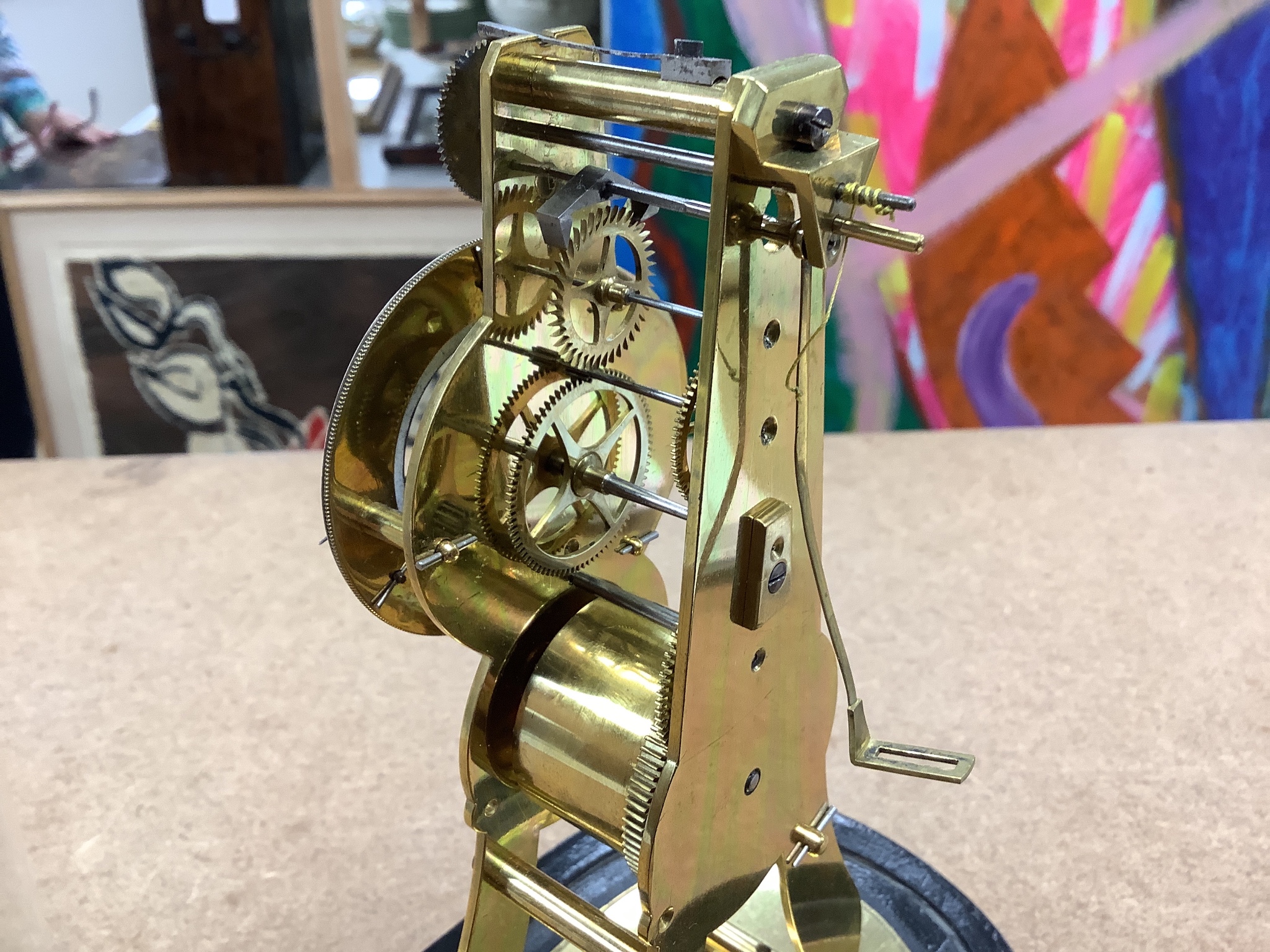 A 19th century French brass skeleton clock, signed MS.Honoraeles Exp. Paris Londres, with alarm disk and pull repeat, under dome, overall height 26cm